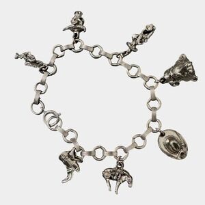 Vintage Germany Western Charm Bracelet Silver Tone Cowboy Boot Hat Horse Bull